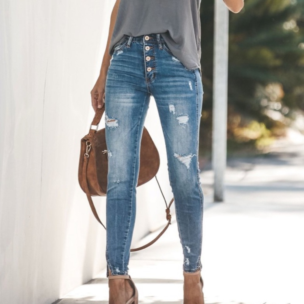 High Rise Button Fly Distressed Kan Can Jeans
